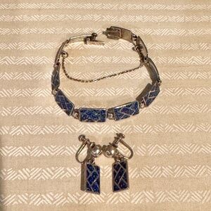 Margot de Taxco Blue Confetti Enamel Sterling Silver Bracelet & earrings
